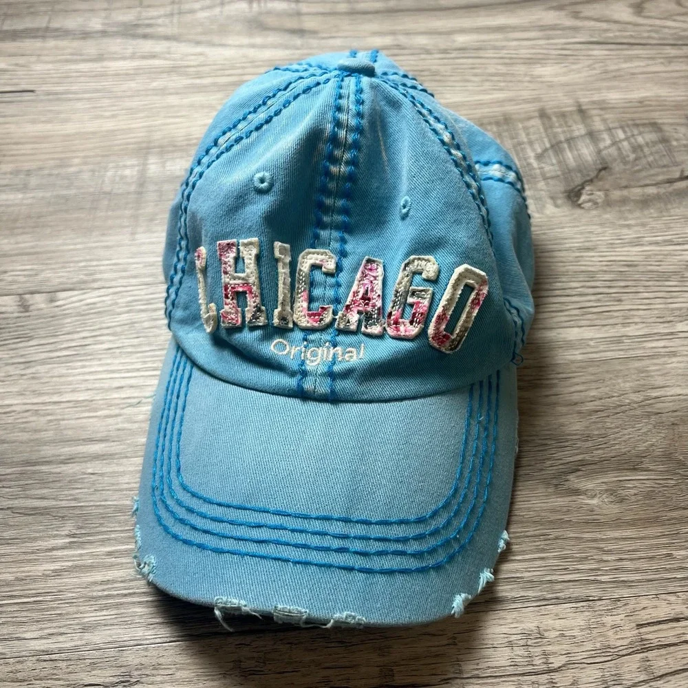 Robin Ruth Chicago Hat Unisex OS Blue Distressed Floral Applique Baseball Cap